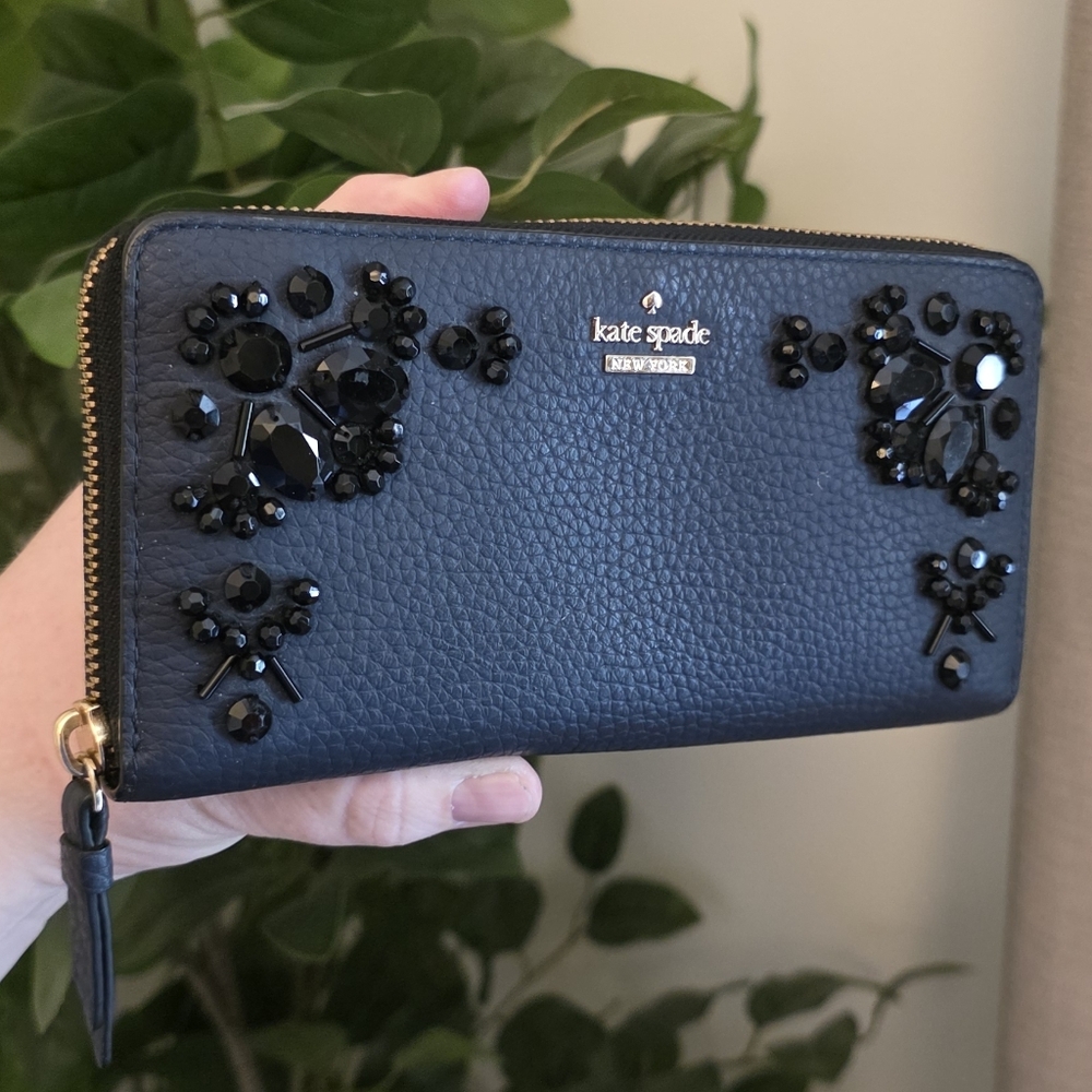 Kate Spade New York Navy Leather Jeweled Zip Wallet